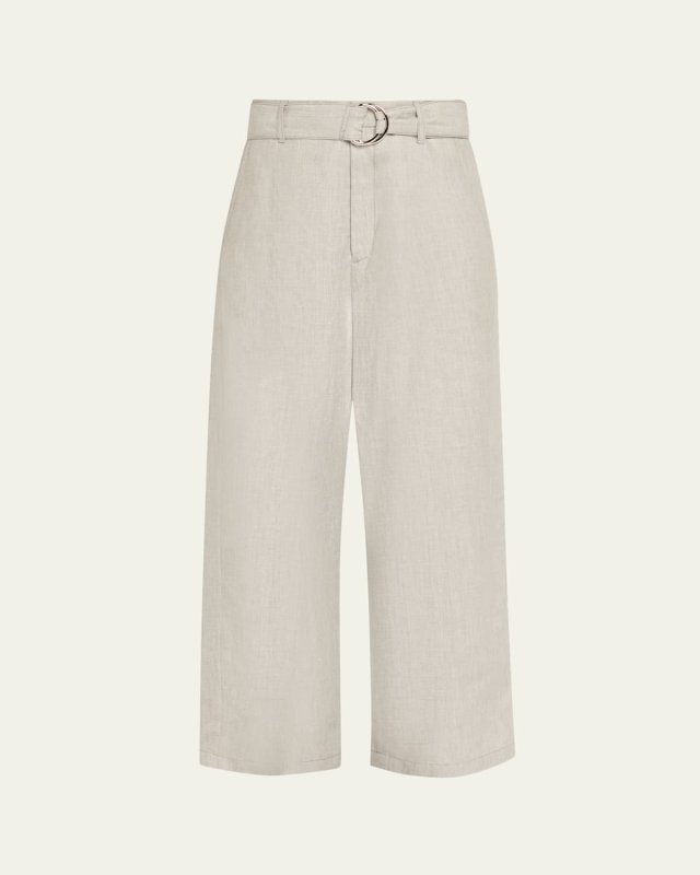 Chambray Belted Wide-Leg Cropped Pants